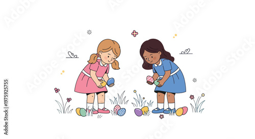 Two girls collecting colorful Easter eggs in a meadow.