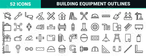 Minimalist line art construction tools and building equipment icon set.