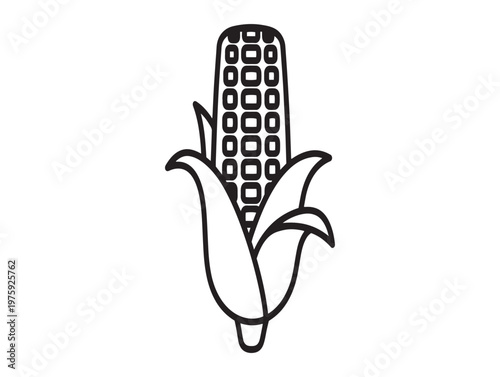 Simple black and white line drawing of a single ear of corn with husk