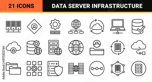 Minimalist outline network connection, cloud server and global database icon set