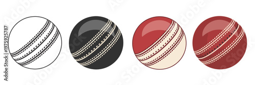 Cricket ball set design, available in outline, black, and red styles, editable vector illustrations for sports, cricket tournaments, and team branding design projects.