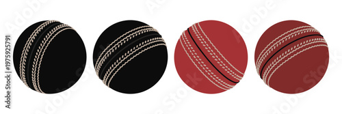 Cricket ball set design, available in outline, black, and red styles, editable vector illustrations for sports, cricket tournaments, and team branding design projects.
