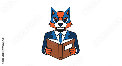 Anthropomorphic fox in a suit reads an open book with focus