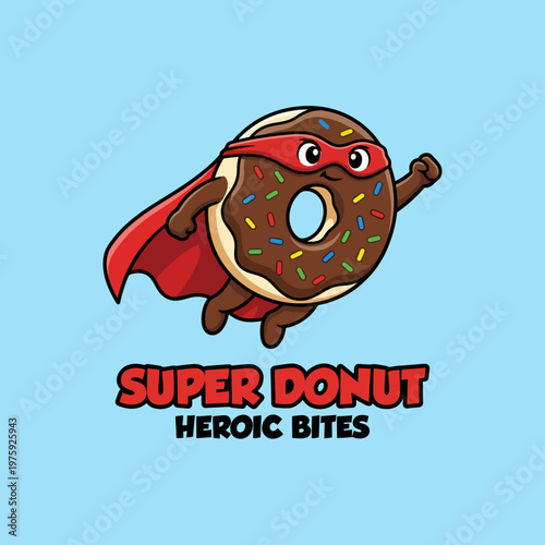 A unique, anthropomorphic donut wearing a red cape strikes a superhero pose, combining fun food art with playfulness and a whimsical character design.