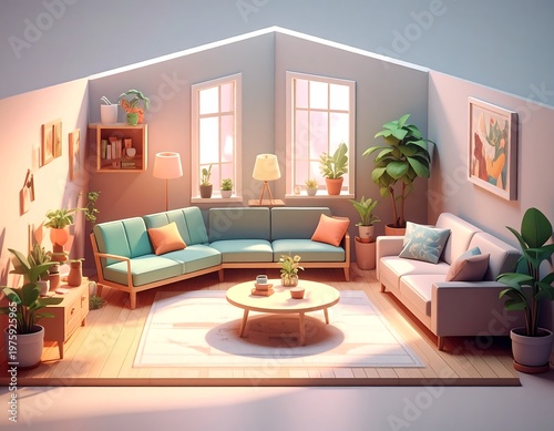 Cozy living room with soft light, two sofas, and many houseplants
