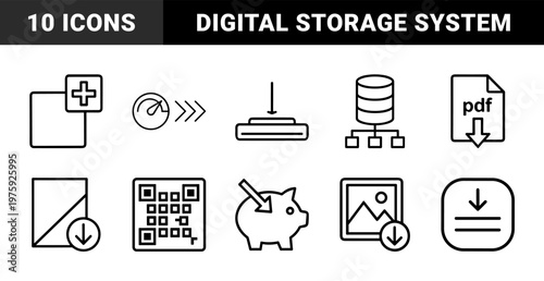 Minimalist linear download and cloud storage interface icon set