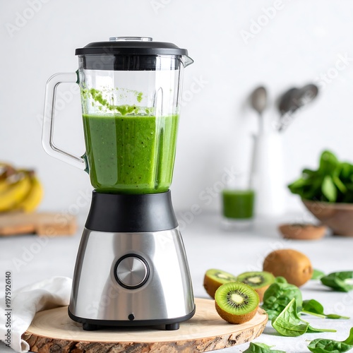 Electric blender with vibrant green smoothie, fruit, and ingredients