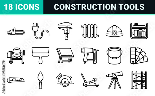 Minimalist construction and architecture thin line outline icons set.