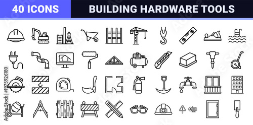 Minimalist construction tools and building equipment outline icon set.