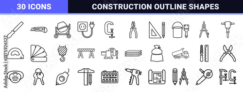 Minimalist thin line construction building tools and equipment icon set