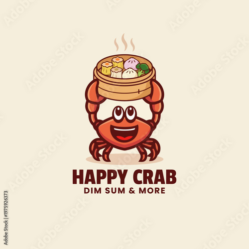 This cheerful cartoon crab joyfully presents a steaming dish of dim sum, embodying a love for food and the delightful experience of enjoying culinary treasures.