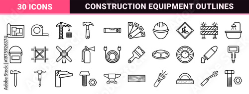 Construction and building tools minimalist outline geometric design elements.