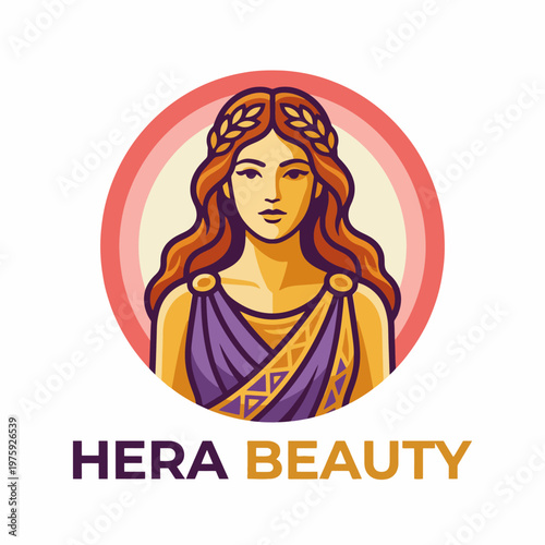 A striking logo featuring a stylized depiction of Hera, symbolizing beauty and elegance, adorned in a regal outfit that highlights her significance in Greek mythology.