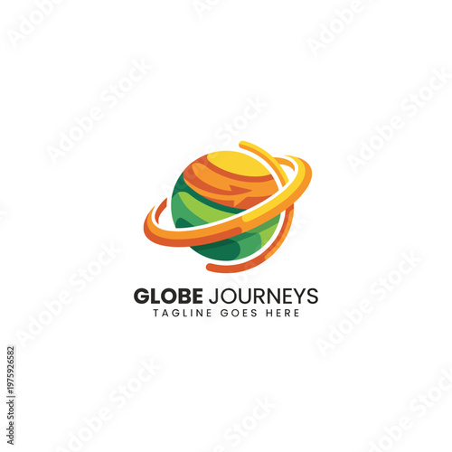 A modern and dynamic globe icon featuring vibrant colors and curved arrows, symbolizing global travel, movement, and adventure, ideal for a travel agency or service.