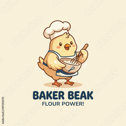 An adorable little chick in a chef's hat, joyfully mixing ingredients in a bowl, perfect for bakery or cooking-related branding.