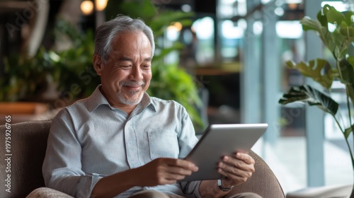 Happy Senior Thai Man Managing Digital Investments in Luxury Airport Lounge for Financial Independence