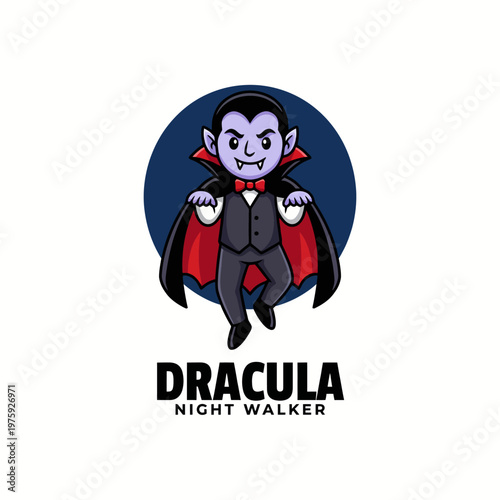 A cheerful cartoon Dracula character dressed in a classic tuxedo, evoking playful Halloween vibes while appearing friendly and inviting, perfect for themed events or merchandise.