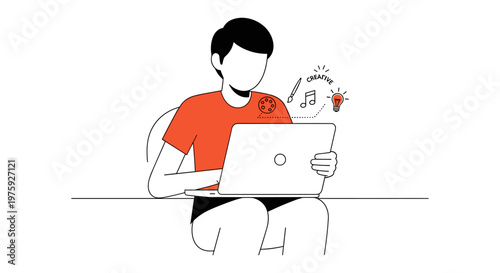 Man listening to music on laptop in minimalist line art for music streaming service
