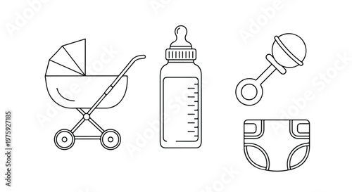 Minimalist baby care line icons set, newborn essentials collection with stroller and feeding bottle, nursery equipment vector illustrations
