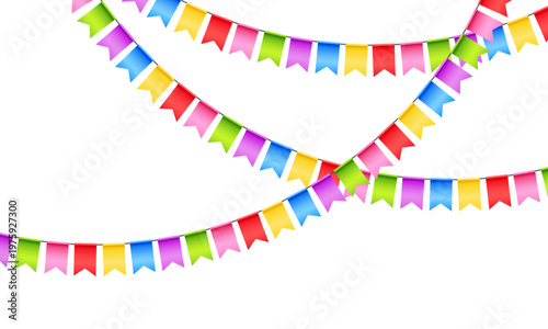 Vector colorful bunting isolated on a transparent background. Bright festive garland with confetti. Element of holiday decor for card, invitation, banner or background.