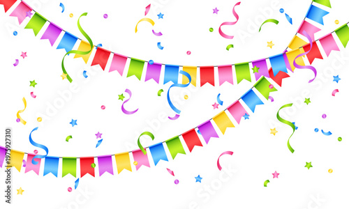 Vector colorful bunting isolated on a transparent background. Bright festive garland with confetti. Element of holiday decor for card, invitation, banner or background.