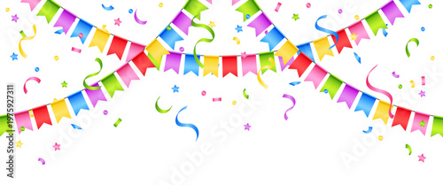 Vector colorful bunting isolated on a transparent background. Bright festive garland with confetti. Element of holiday decor for card, invitation, banner or background.