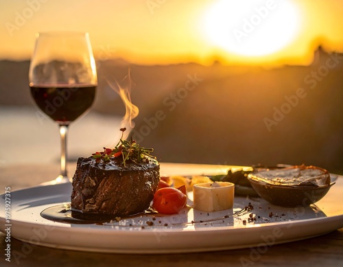 Gourmet steak dinner with wine glass and sunset background