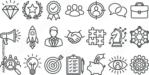 business success and strategy icon set, management and startup leadership collection, professional marketing and growth symbols on transparent background