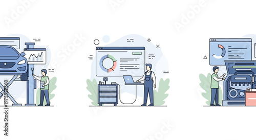 Car fix man work auto shop tool web data info tech pro help fast blue