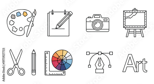 Minimalist art and design icons set, creative studio tools vector collection, professional graphic design symbols for branding and web projects