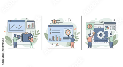 Vector illustration showing people managing cryptocurrency security and digital asset trading with bitcoin wallet vault and charts for investment monitoring