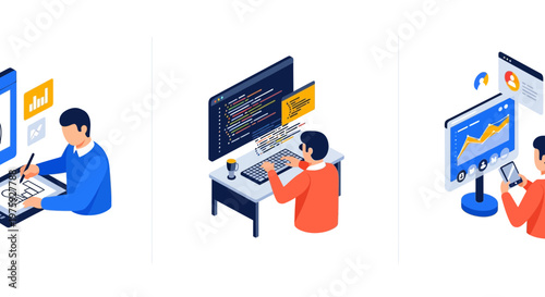 Web team at work on design art code data and ads for big firm new jobs