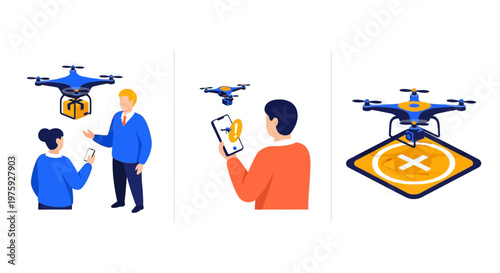Fast drone delivery tech logistics shipping package transport cargo flight air mail help app landing
