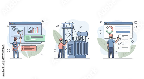 Technician performing electrical grid maintenance monitoring power system using digital dashboard and repairing high voltage transformer equipment station