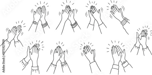 Hand drawn sketch set of diverse human hands clapping and applauding, cheering gestures, success celebration, ovation, achievement recognition, minimalist black and white illustration.
