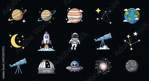 A colorful vector illustration of a space shuttle launch with a set of festive space icons featuring stars decorations and holiday themed elements