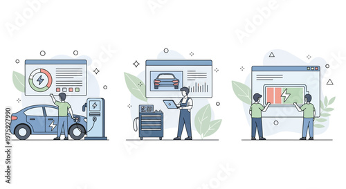 Electric vehicle technicians providing professional car maintenance battery diagnostics and repair services for sustainable green energy transport