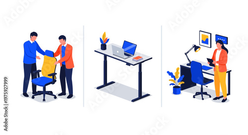 A set of new office work desk and chair in a flat way to work