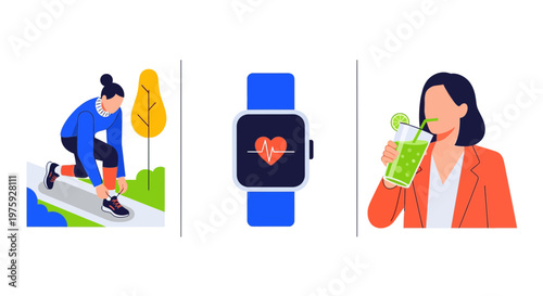Healthy lifestyle concept with woman running tracking heart rate with smartwatch and drinking vegetable smoothie