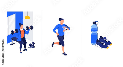 Gym fit girl run jog lift weight work out set icon flat art life at home