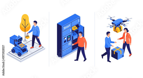 Isometric Modern Future Delivery Technology Service with Autonomous Drone Robot Smart Locker and Parcel Shipping Logistics Business Concept Illustration