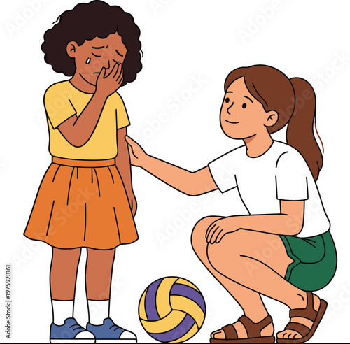 Illustration of a kind girl comforting her crying friend after a sports game, representing empathy, friendship, support, and emotional childhood health,