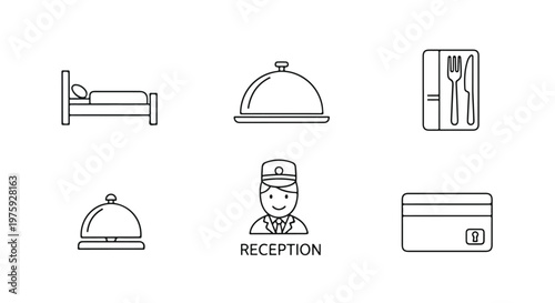 Hotel, hospitality, icons set, 6 symbols, line style, black and white, reception, food, service