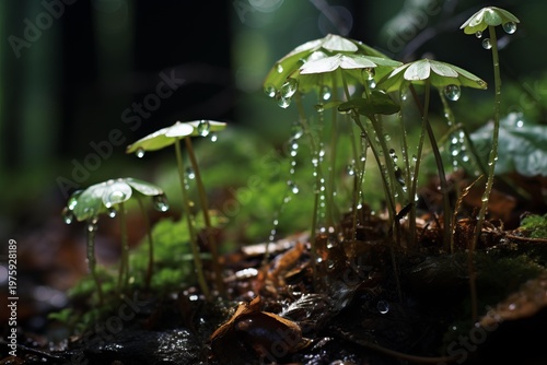 Small plants on the forest floor glistening with fresh morning dew