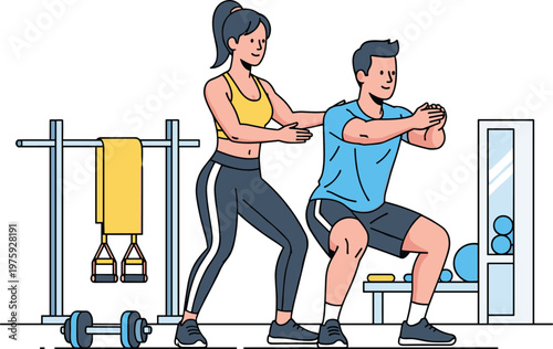 Couple Exercising Together in Gym with Squats and Workout Equipment for Fitness, Health, and Physical Activity Illustrations