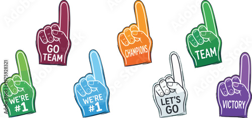 Set of colorful foam fingers for sports fans with slogans like go team, victory, and champions isolated on a white background illustration.