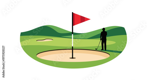 Golfer on green playing golf with flag and bunker illustration.