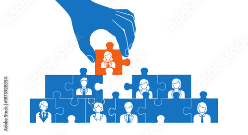 A hand places a missing puzzle piece with a business person icon into a team structure.