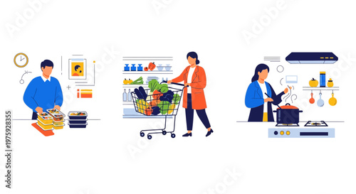 Man and woman shop cook and pack food for diet meal prep plan daily life