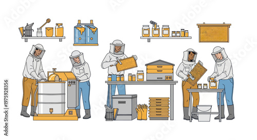 Beekeeping and Honey Production Process with Beekeepers and Equipment